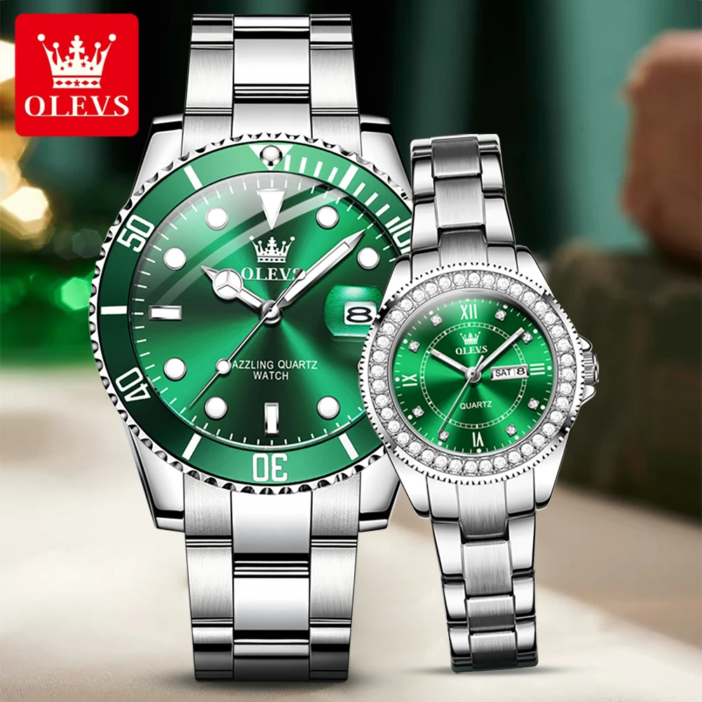 OLEVS Brand Luxury Diamond Couple Watch for Men and Women Stainless Steel Waterproof Calendar Fashion Quartz Wristwatch Lovers