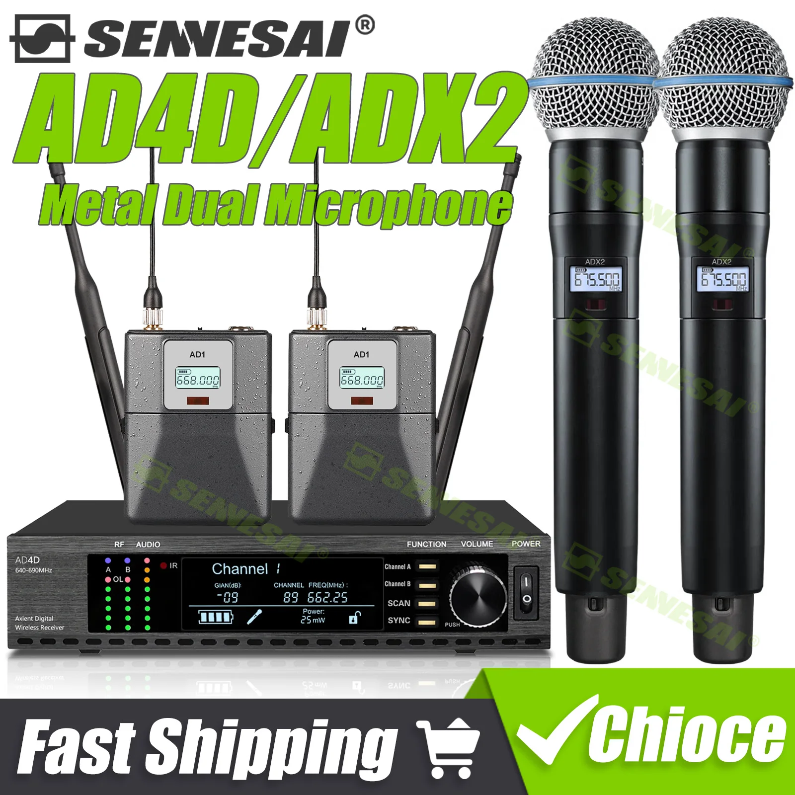 

New！AD4D/B58 Professional Dual Wireless Microphone，True Diversity Stage System，600MHz，2 Channels Karaoke Metal ADX2 Handheld Mic