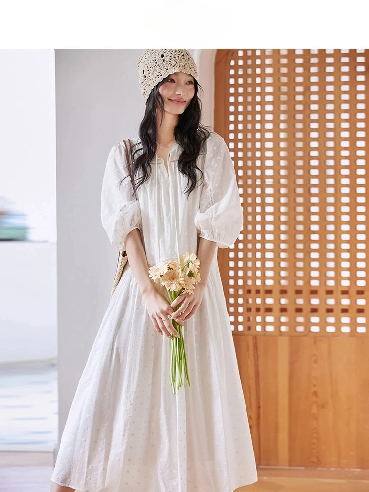 

Miflame Women Simple O-Neck Casual Long Dress 2025 Summer Elegant Crochet Patterns Flowers Puff Sleeve A-line Party Dress