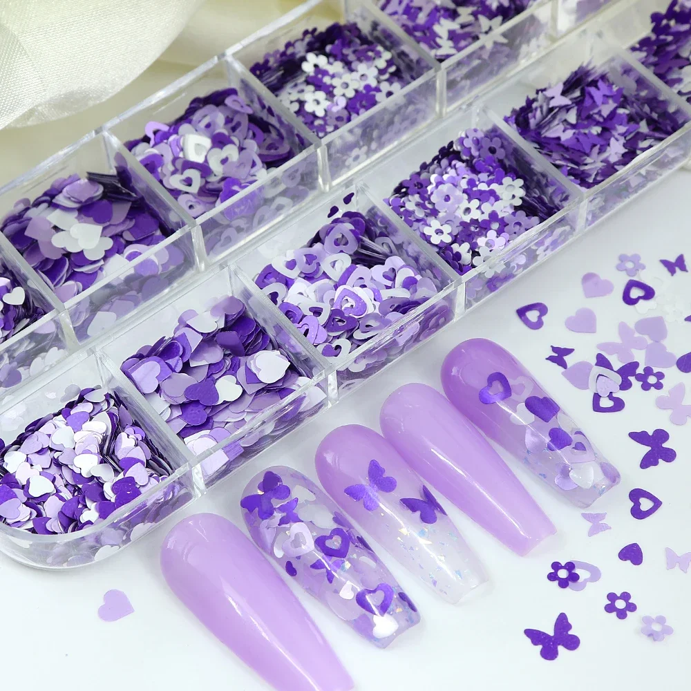 1Box Mixed Style Purple Collection Sequins Nail Art Supplies Decoration Summer DIY Manicure Designs Nail Accessories Parts Decor