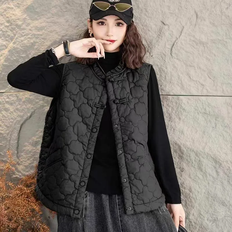 

Korean Autumn Winter Solid Color Button Sleeveless Vest Cardigan Coats Women's Clothing Round Neck Tie Flowers Elegant Tops