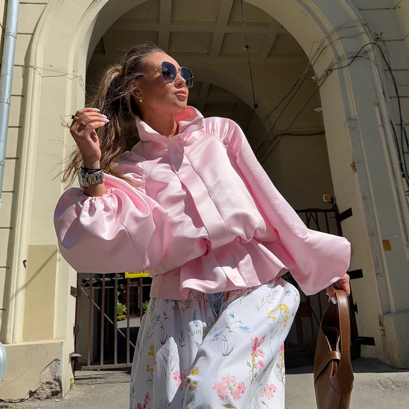 Übergroße, taillenbetonte, glänzende Oberflächenmäntel für Damen, Street-Style, Stehkragen, Laternenärmel, einfarbige, lockere Jacken, schicke Oberbekleidung – Detail 29