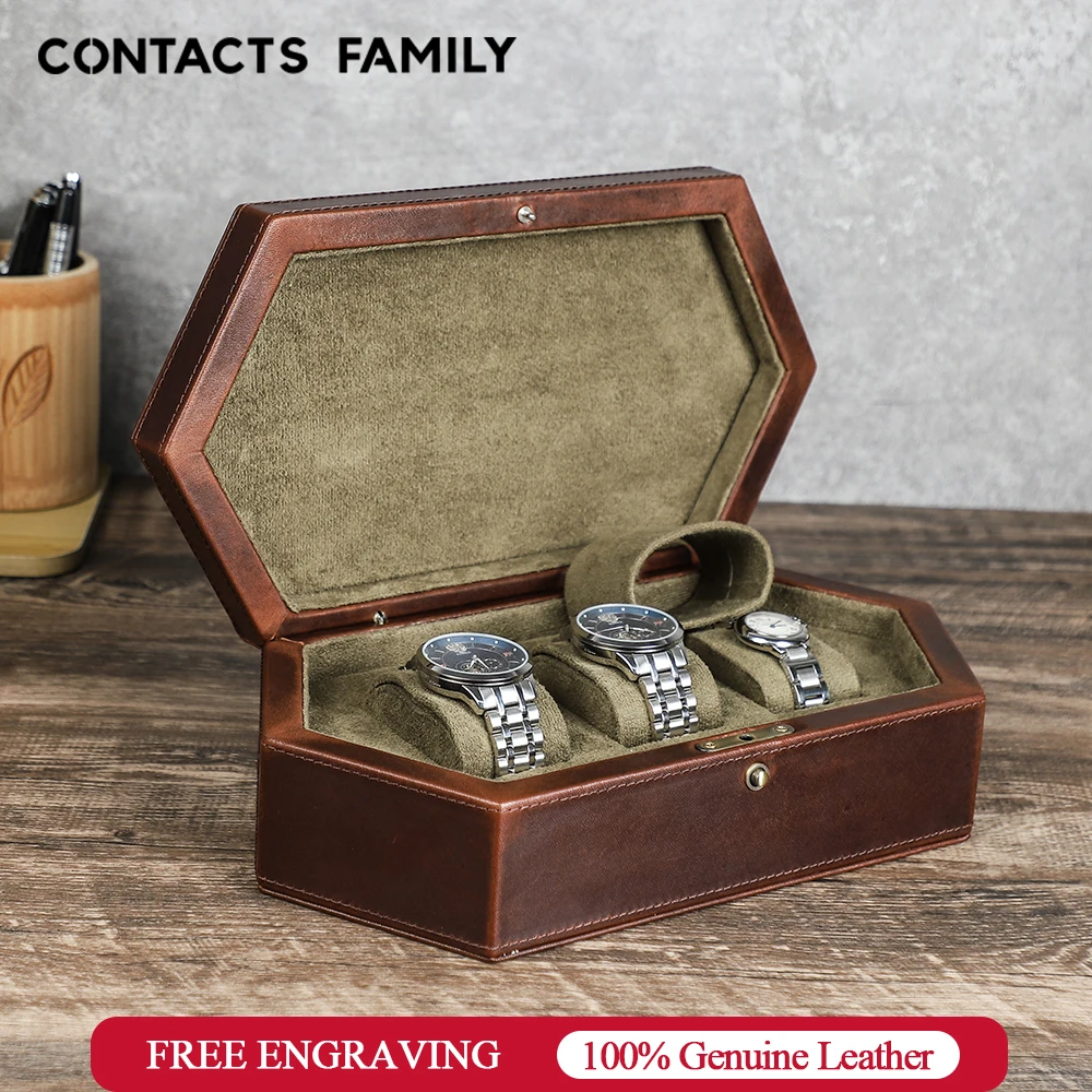CONTACT'S FAMILY 3 Grids Genuine leather Wood Watch Case Jewellery Storage Box Watch Holder Display Retro Organizer