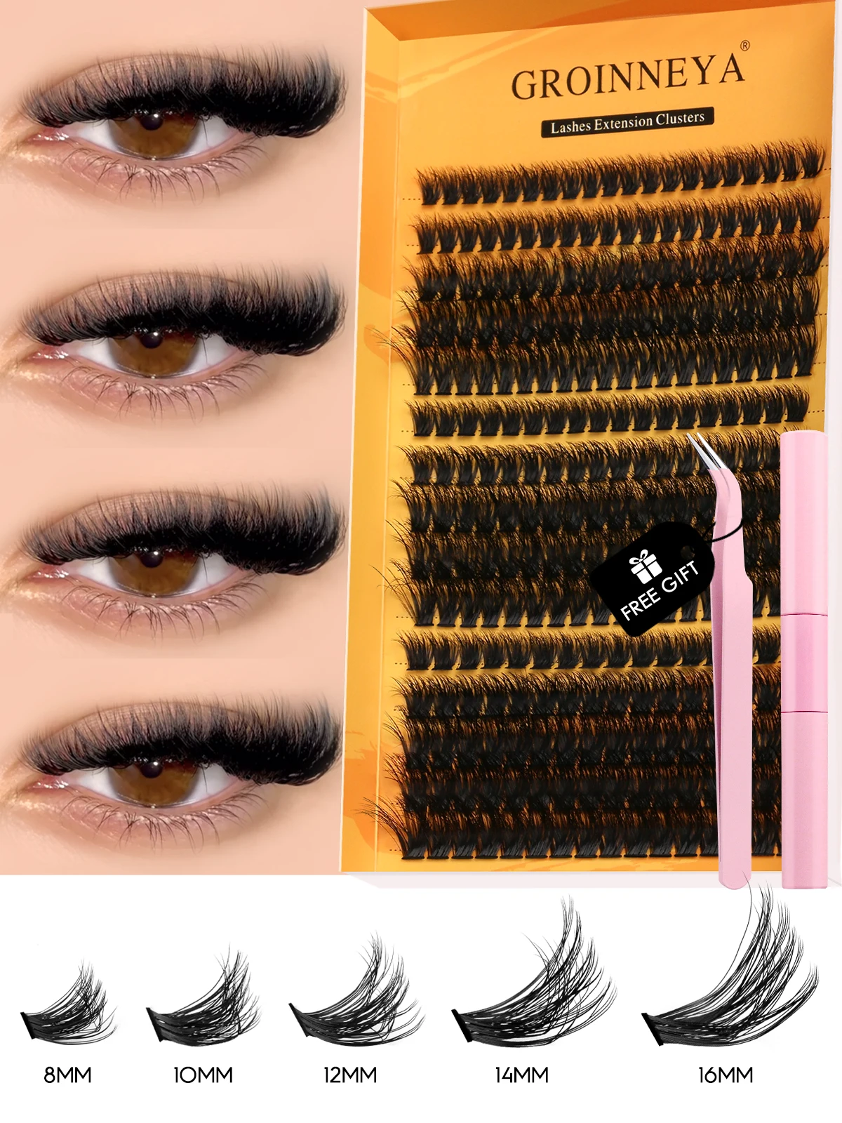 GROINNEYA-Kit de pestañas DIY, bandeja mixta con Kit de grupos de pestañas de sujeción fuerte resistente al agua, unión de pestañas, sello y pinzas para pestañas