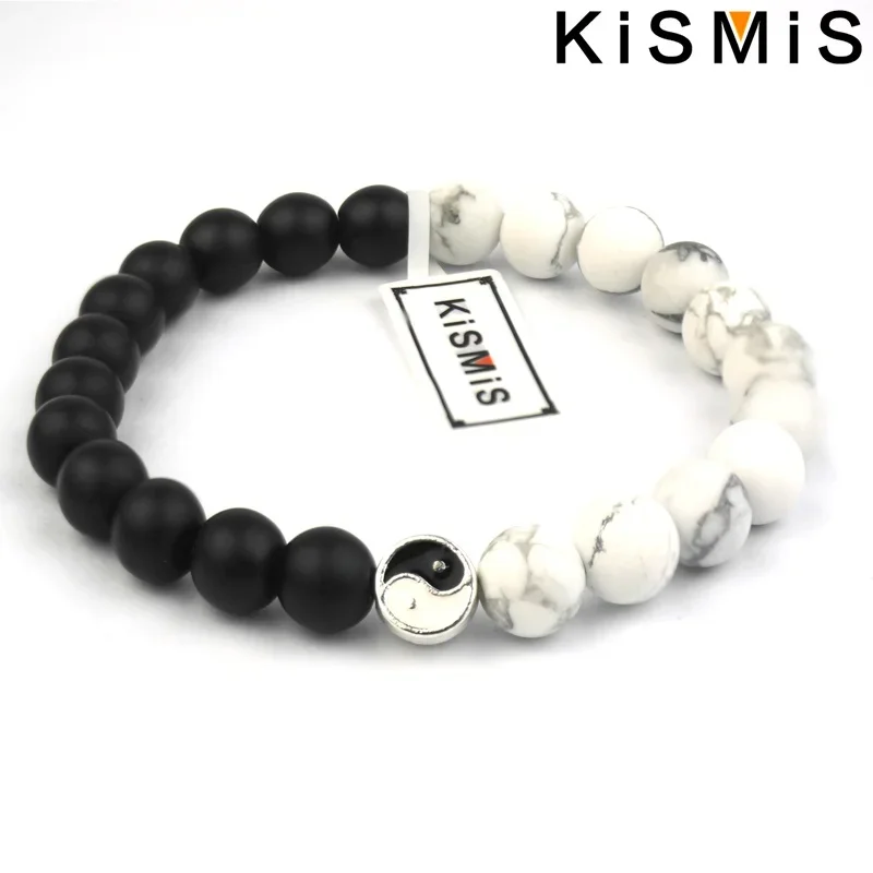 مسافة جديدة كلاسيكية الحجر الطبيعي أبيض أسود يين يانغ سوار مُزين بالخرز للرجال والنساء أفضل صديق هدية #1