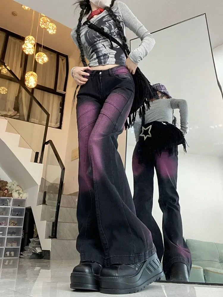 Pantalon en Denim noir violet Style américain Y2k e-girl, Vintage, taille haute, évasé, teinture par nouage, droit, nouvelle collection automne