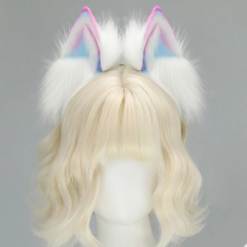 Handmade Colorful Gradient Cat Ears Fox Ears Wolf Ears Headband Dark Style Halloween Animal Ear Accessory for Cosplay