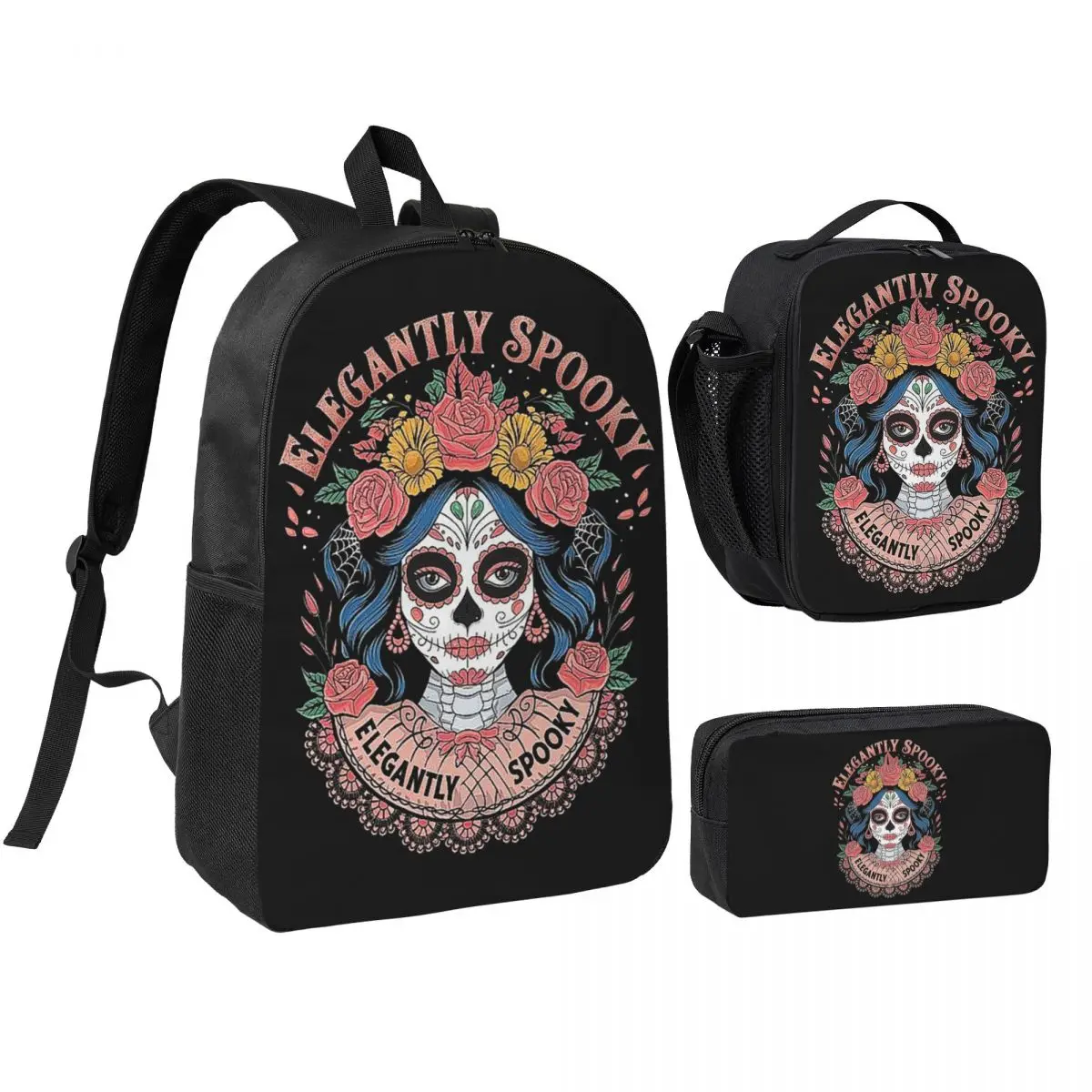 

Mexican Catrina Girl Day Of The Dead Sugar Skull Backpack BookBag School Bag Shoulder Bags 3ps Insulated Lunch Bag Pencil Case