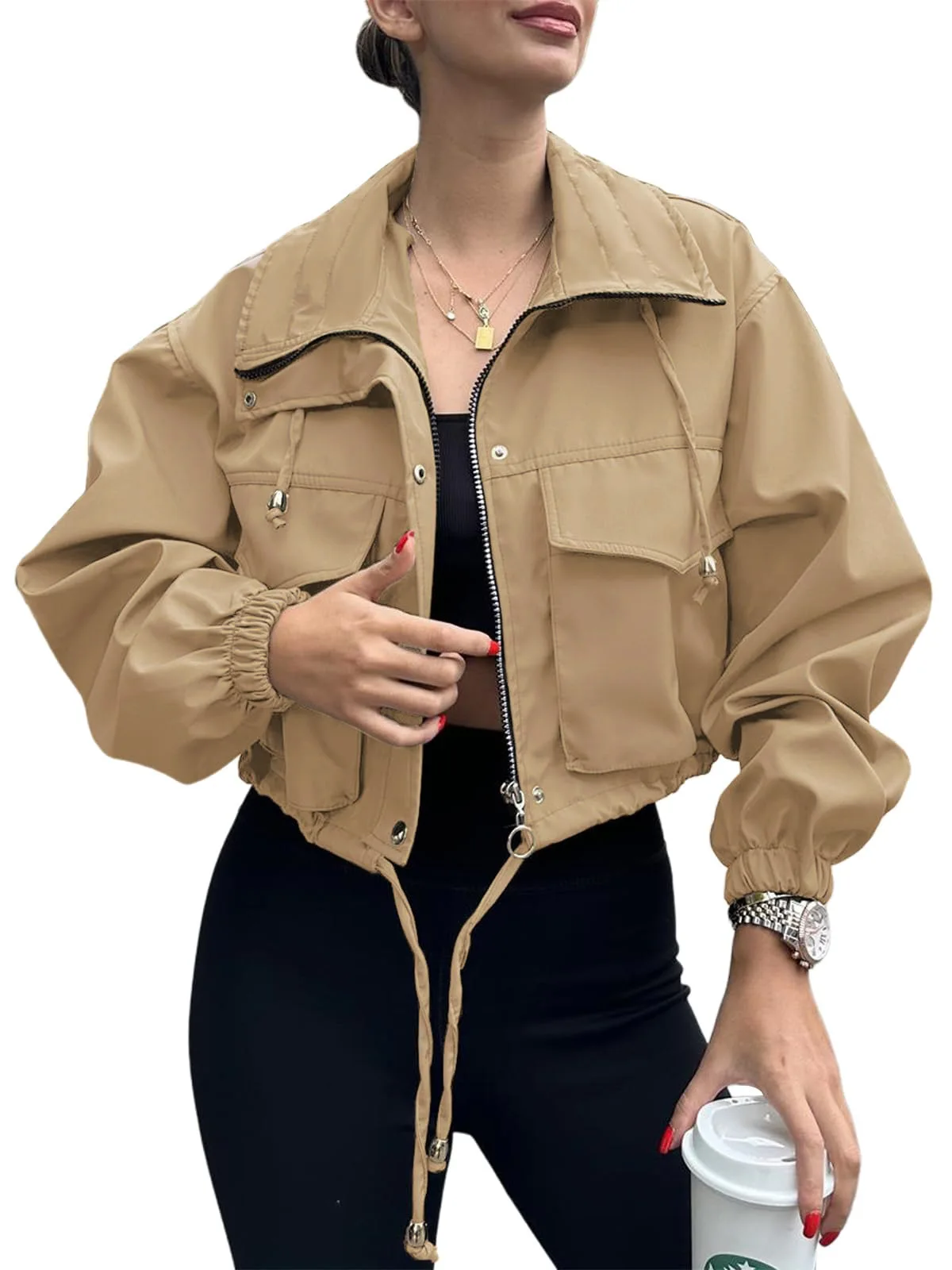 Women Fall Solid Color Cropped Jacket Lapel Collar Drawstring Zip‑Up Long Sleeve Casual Windbreaker Outerwear Coat