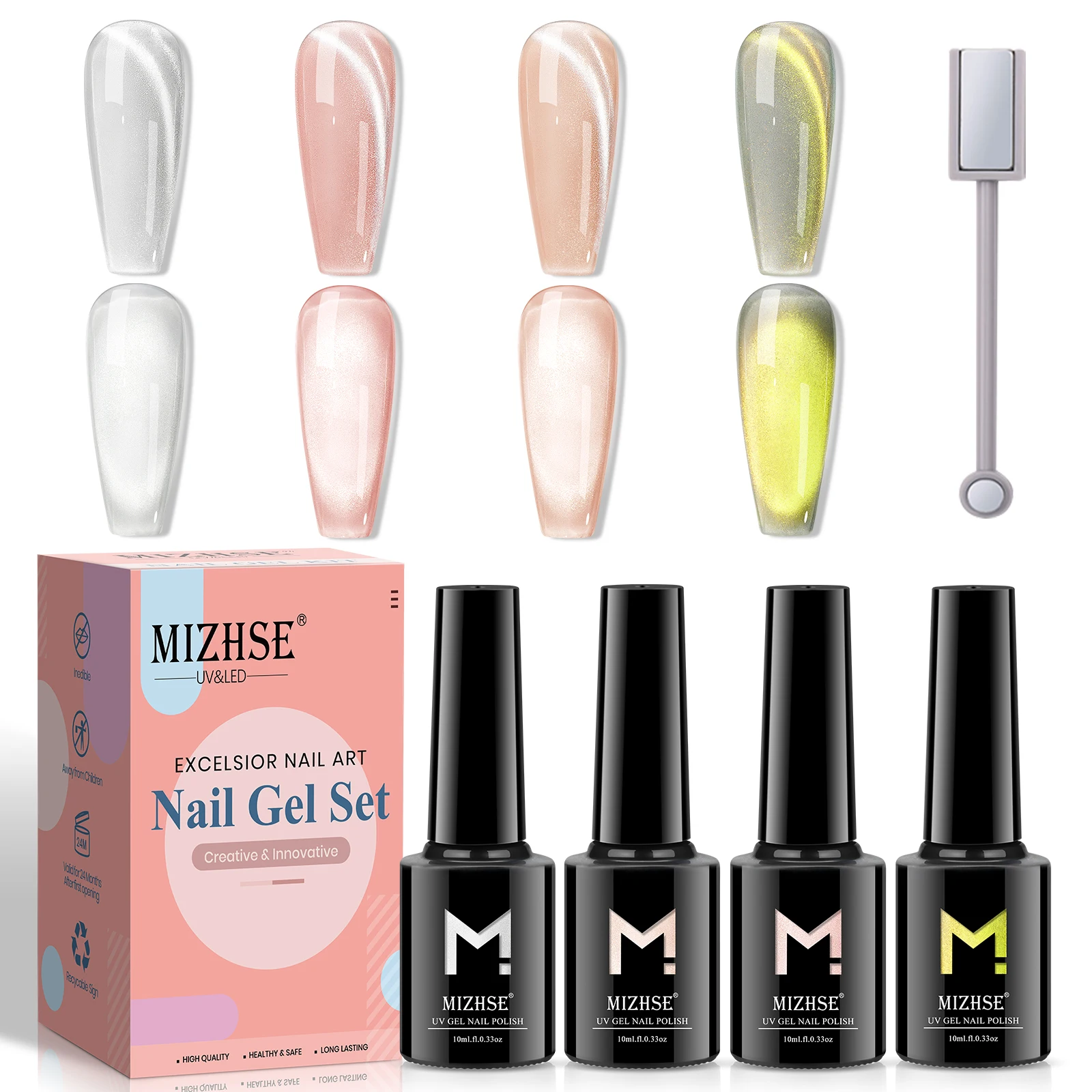 MIZHSE 4PCS Cat Eye Gel ชุดแม่เหล็ก UV เจลเล็บผงแม่เหล็กเจล Soak Off หลาย Cat Eye เคลือบเงาสําหรับเล็บ Salon