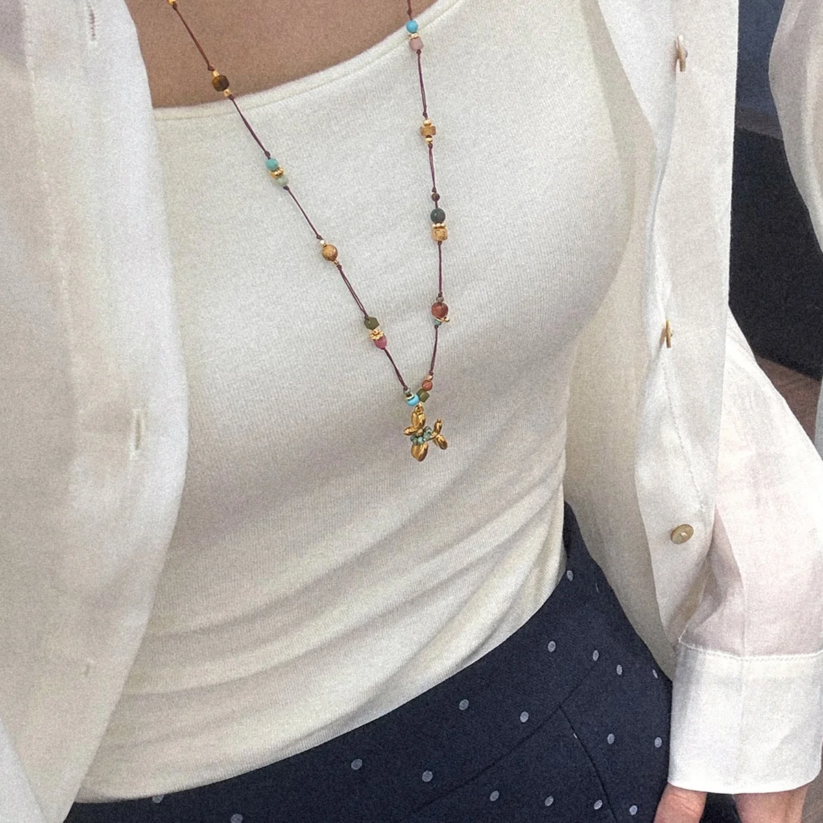 Trendy Stainless Steel Balloon Dog Pendant Braided Cord Necklace Mixed Natural Gemstone Beads Bohemian Ethnic Rope Chain Jewelry
