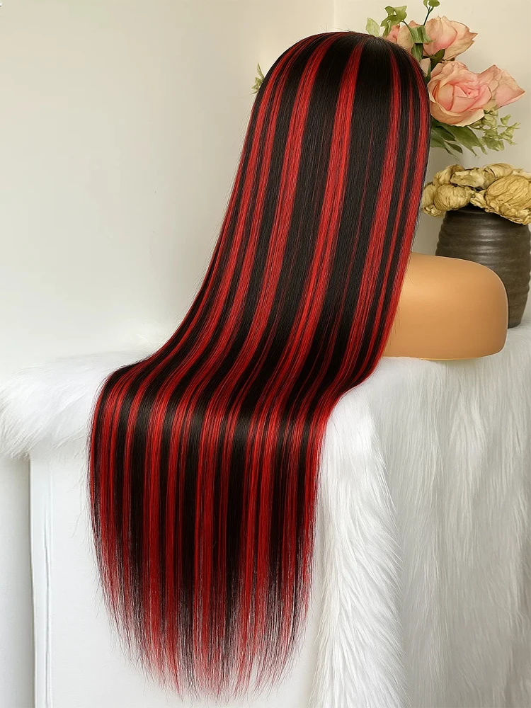 1B 99J شعر الإنسان الدانتيل الباروكة قبل قطع 5X5 غلويليس الأحمر مع شعر مستعار أسود اللون العظام مستقيم تسليط الضوء على 30 بوصة سهلة التركيب الباروكات