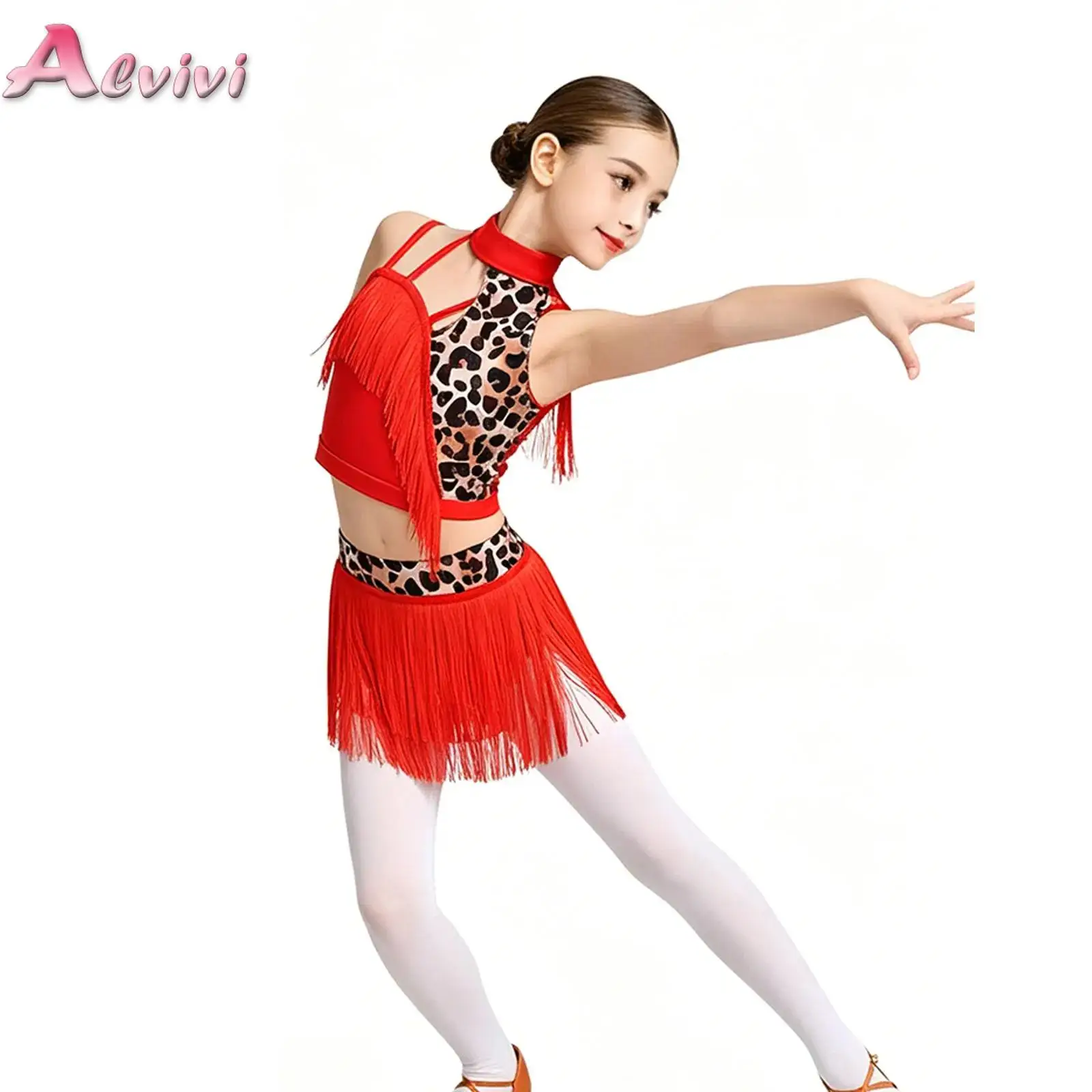 Kids Girls Printed Latin Dance Outfit Asymmetrical Tassel Vest with Fringed Skirt for Tango Salsa Stage Performance Competition