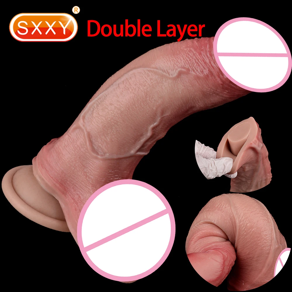 SXXY Curved Double Layer Silicone Dildo With Strong Sucker For Women Men Masturbator Beginner Sex Fun Hands Free Sex Toys