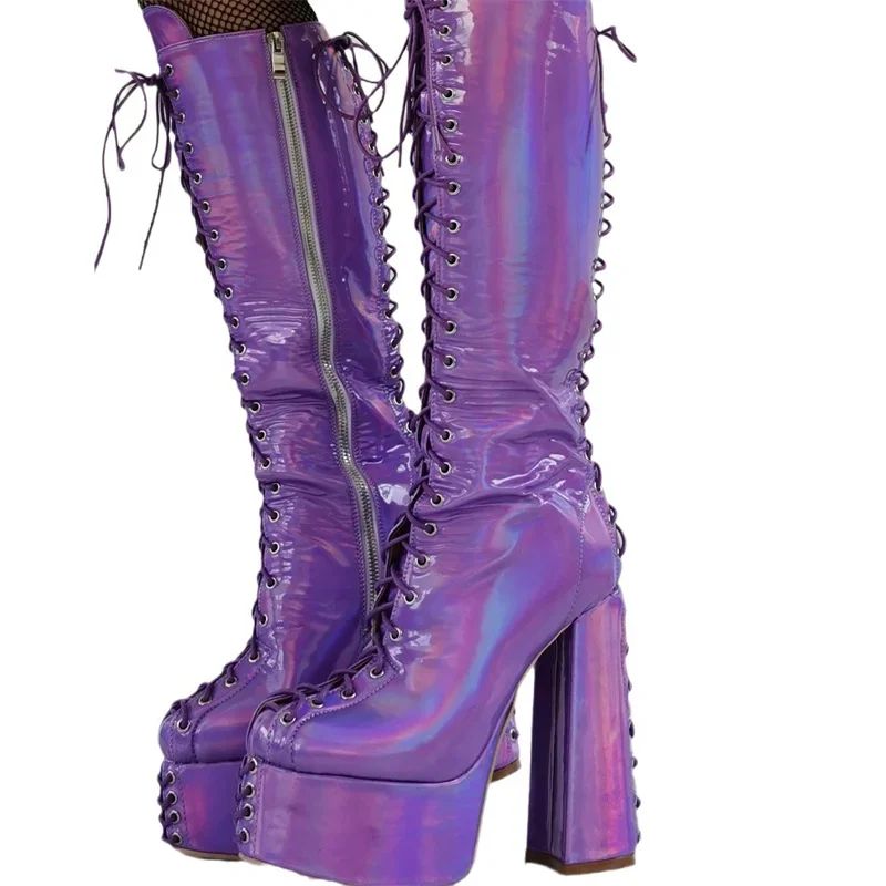 Purple Platform Design Chunky Heels Knee Boots Cross Straps Lace Up Zipper Punk Style Dance Party Sexy Shoes Women Luxury New