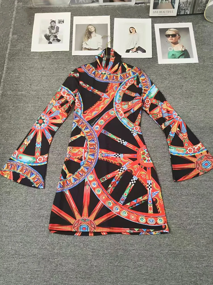 2026 Autumn Women's Clothing Retro Geometric Positioning Print High Collar Pullover Waist Dress Fashion Stretch Knitted Skirt