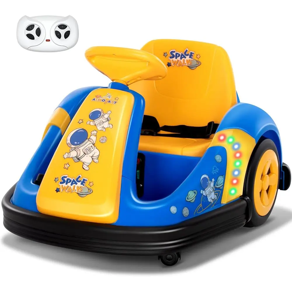 

12V Toddler Bumper Car Big Wheel 360° Spin Remote Control Safety Belt Music LED Lights 3 Speeds Astro Explorer Ride On Toy