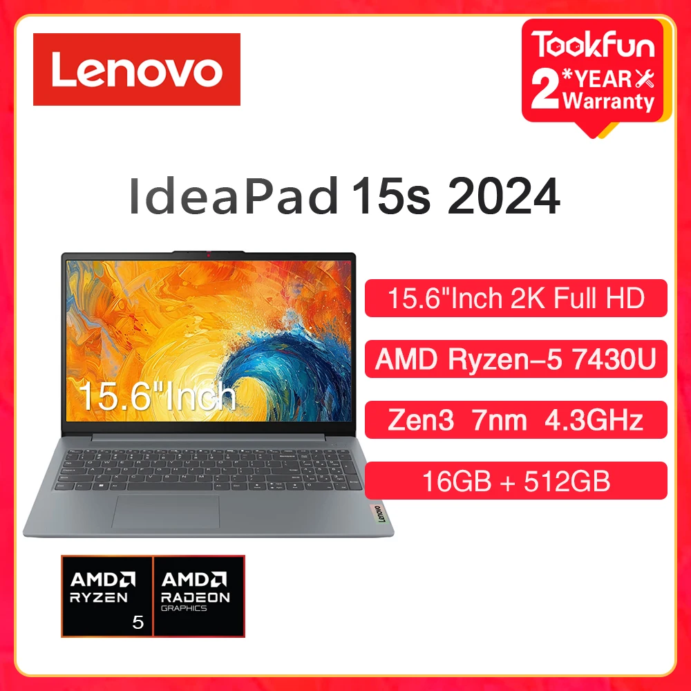 Nuovo Lenovo IdeaPad 15s 2024 Laptop AMD Ryzen R5 7430U 4.3GHz RAM 16GB SSD 512GB 15.6 