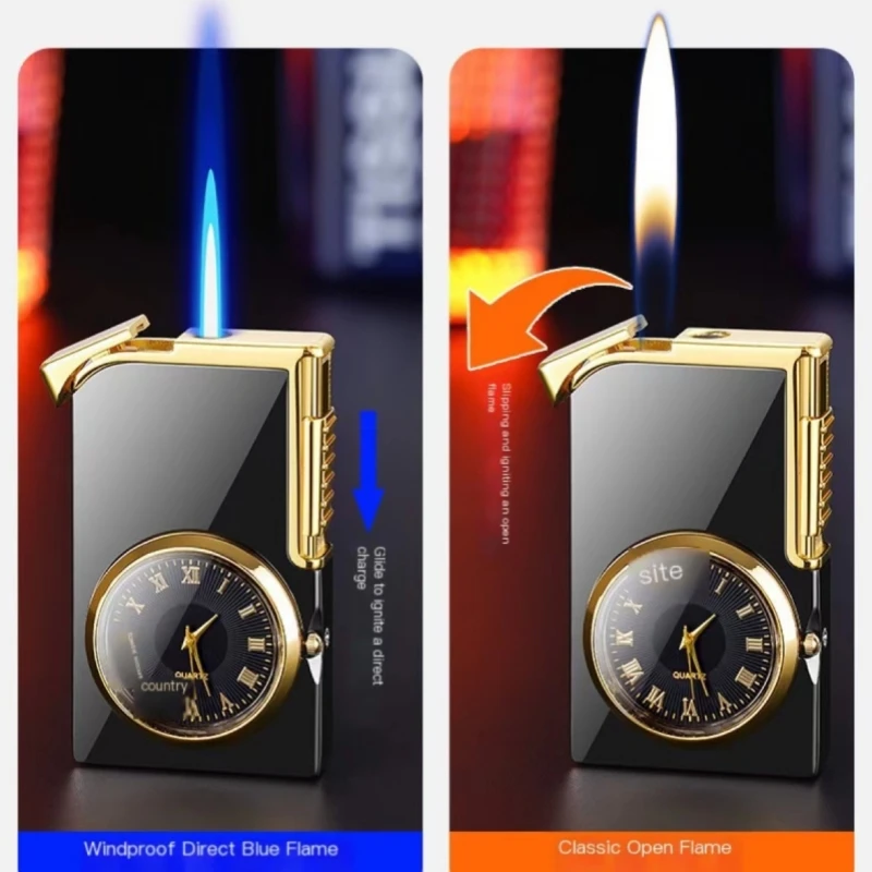 New Metal Real Watch Windproof Double Flame Inflatable Lighter Open Flame Direct Blue Flame Double Switch Ignition Gas Lighters