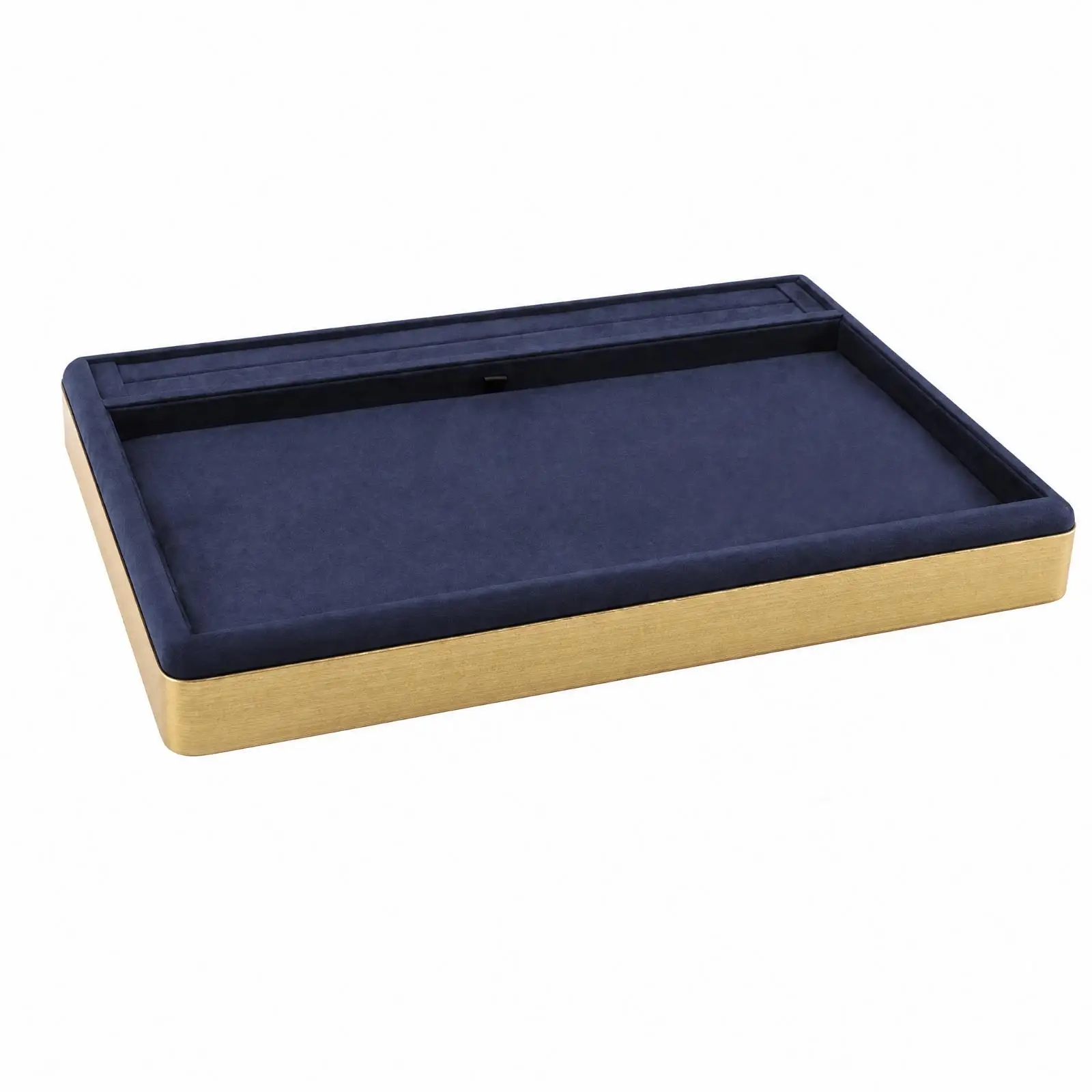 Blue Lined Rectangular Jewelry Tray for Necklace Pendant Display Microfiber Leather Organizer with Gold Outer Rim