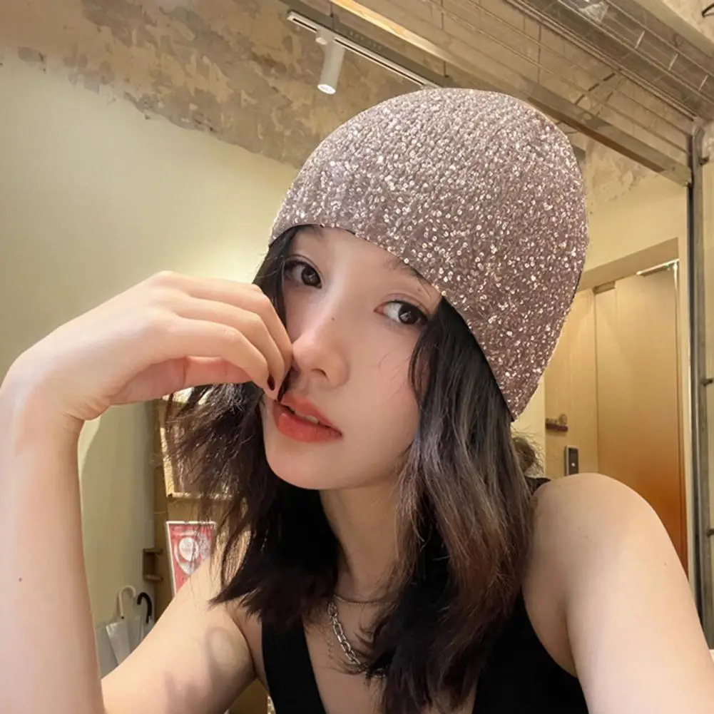 Sequin Adorned Cap Sequin Decor Dome Hip Hop Style Women's Hat with Elastic Band for Large Head Circumference for Outdoor