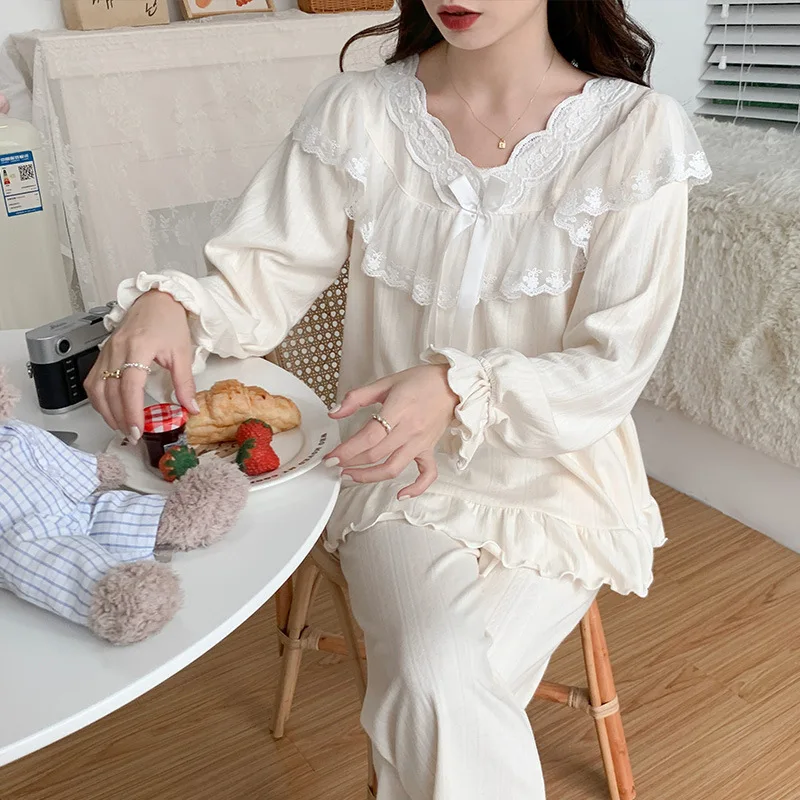 Cotton Sleepwear Lace Court Style Pajamas Women Spring Cute Pyjamas Long Sleeve Pijama Female Set Negligee Pullover Pajamas