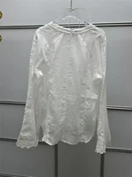 Chemisier fin en ramie blanche pour femme, broderie en dentelle ajourée, légèrement transparent, manches évasées, style pull. 6