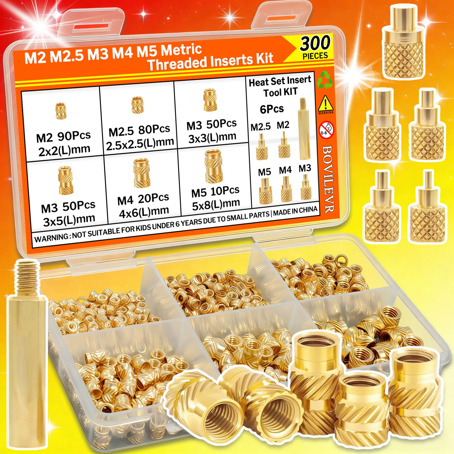 300 Stück M2-M5 Messing-Gewindeeinsätze, Wärmeeinpresswerkzeug, Rändelmutter-Set für 3D-Druck PLA ABS PETG PP PPS Kunststoffteile, All-in-One