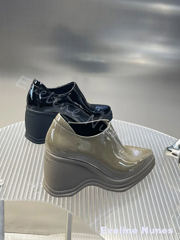 Patent Leather V Cut Pointed Toe Wedge Pumps Women Multi Layer Wave Platform Slip On High Heels Y2K Street Fashion Dress Shoes