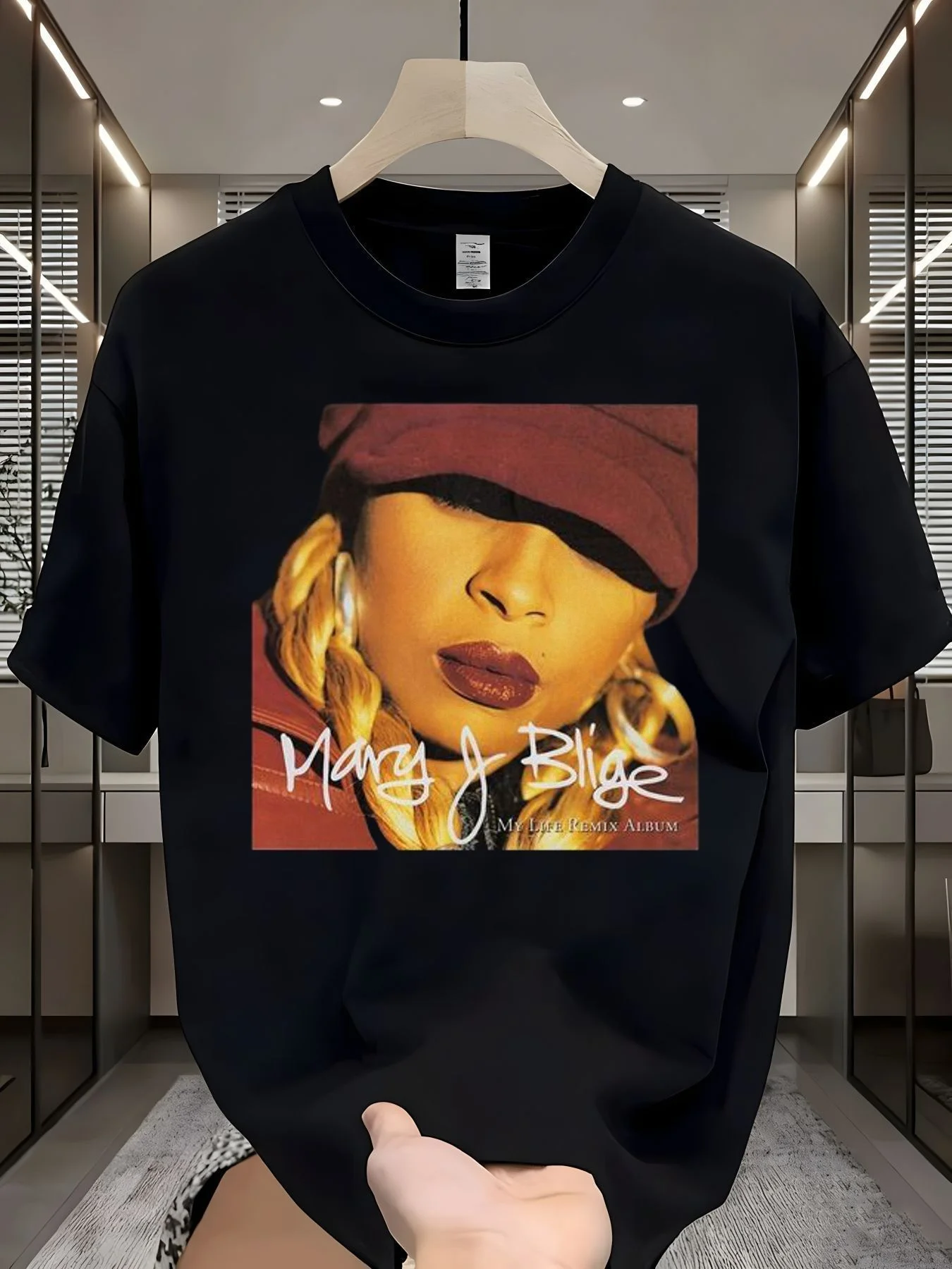 Mary J. Bridget My Life Album Cover Pattern Printed Black Short Sleeve T-shirt Men's T-shirt Summer Casual Street Style T-shirt-Album Cover Pattern Printed Black Short Sleeve, Album Cover Pattern Printed Black Short Sleeve T-shirt Men's T-shirt