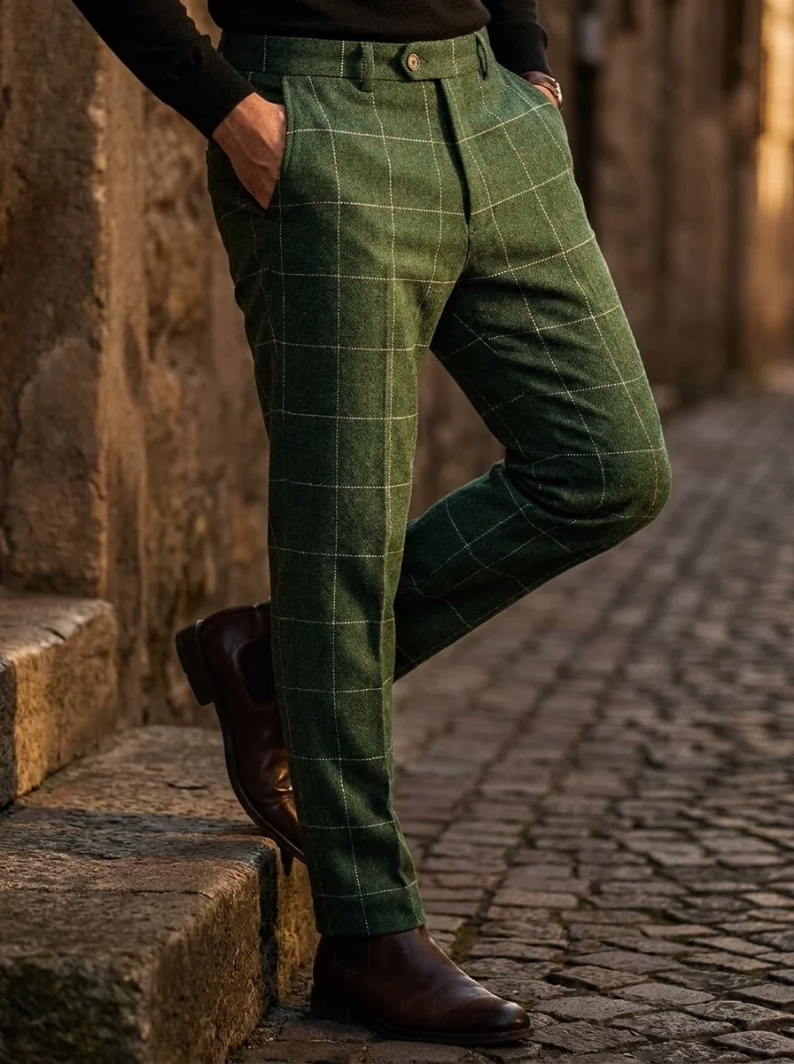 Men Old Money Style Herringbone Tweed Pants, Retro Textured Long Trousers Business Casual Daily Wear Plaid Trousers