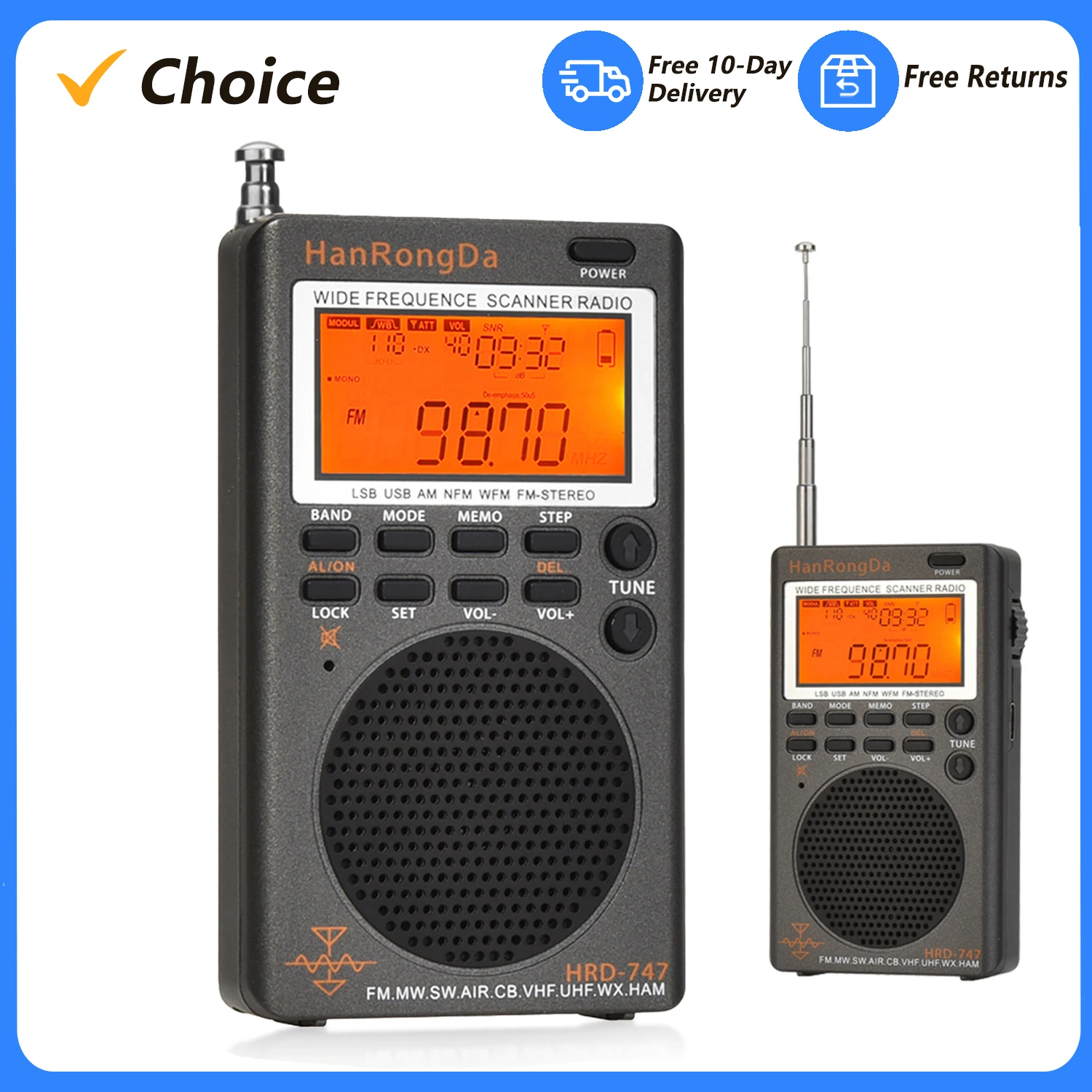 FM Radio Digital Portable Stereo Speaker MP3 Audio Player High Fidelity Sound Quality VHF/UHF Channel Reception