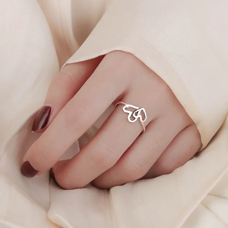 

Girlfriend Sweet Beauty Index Finger Ring Opening Korean Creative Personality Double Heart Design Simple Fashion Love Ring