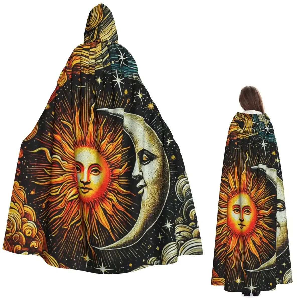 

Бохо Золотой Полумесяц и Солнце Ведьма Длинный Плащ С Капюшоном Ведьма Средневековый Костюм Косплей Накидка Хэллоуин Вампир Взрослый Унисекс