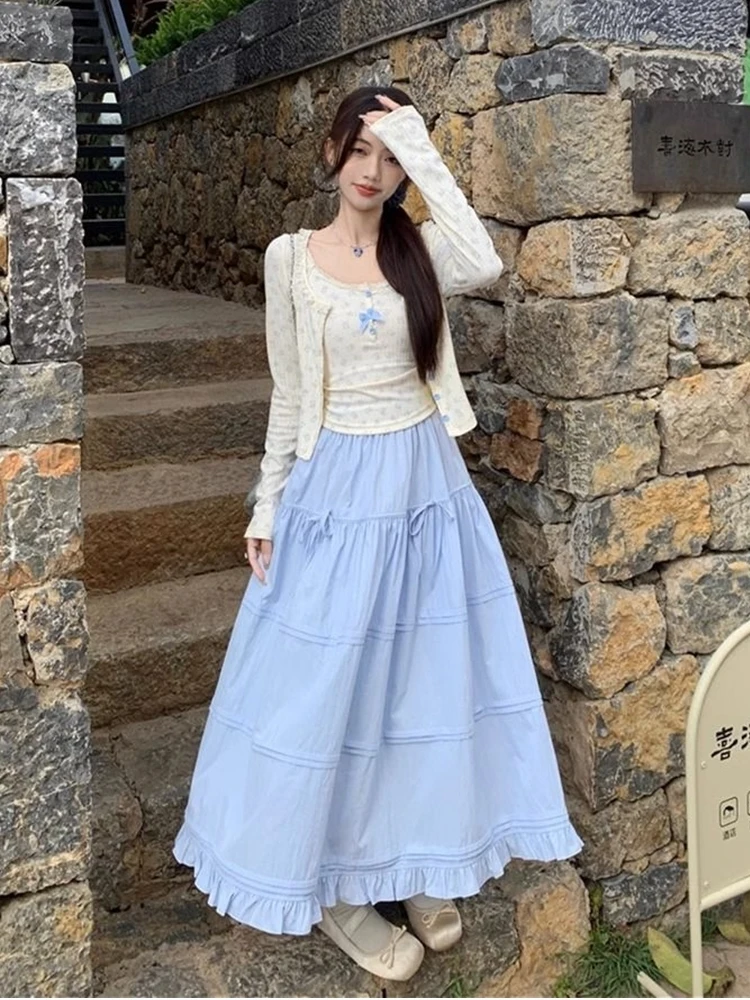 

Sweet Princess Style Long Sleeve Two-Piece Set Women's Fashion Spring Autumn Tea-Themed Matching Half-Length Skirt And Top