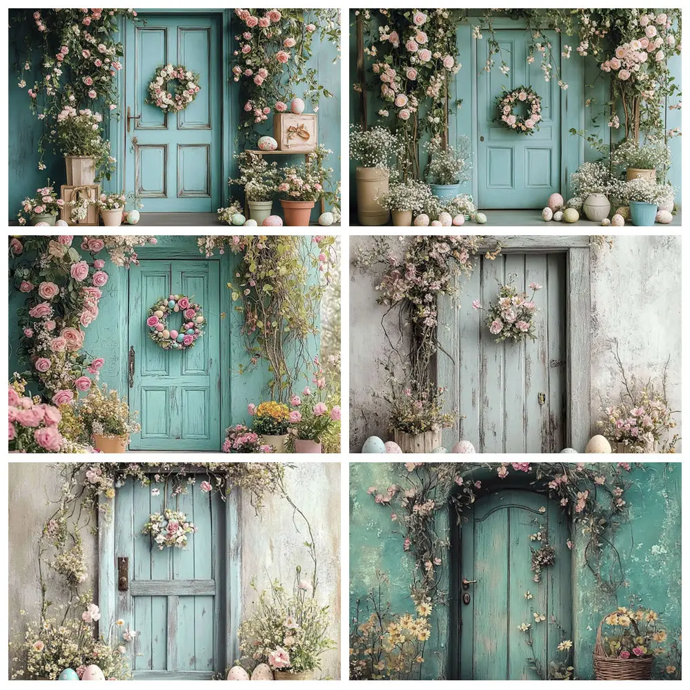 

Spring Flowers Easter Backdrop for Photography Vintage Wooden Door Floral Eggs Kids Birthday Party Easter Photo Background Decor