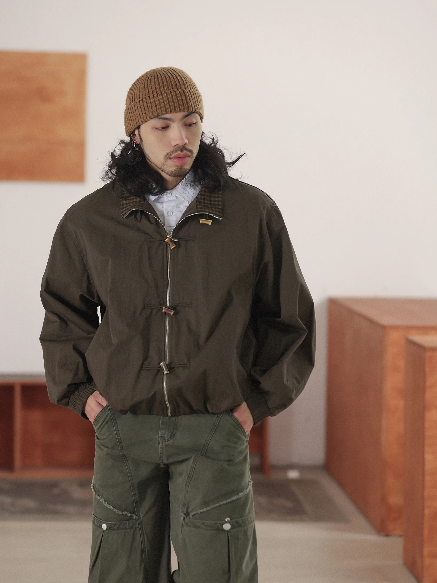 

NOEARS Vintage Sle Coffee Color Stand Collar Jaet Loose Fit Button down Men's Coat Breathable Long Sve Spring Outerwear