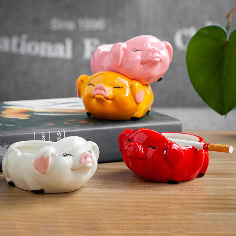 Cartoon Ceramic Pig Shape Ashtray Fireproof Leak-proof Non-Slip Ashtray Container Wide Opening Desktop Ashtray Ornament