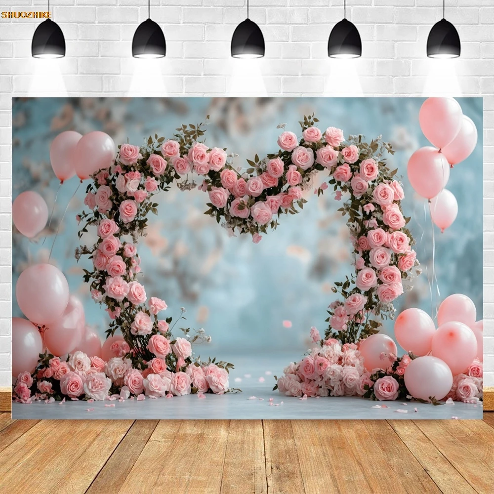 Valentines Day Arch Rose Love Heart Backdrop Pink Flowers Sweet Couple Portrait Family Party Wedding Photography Background