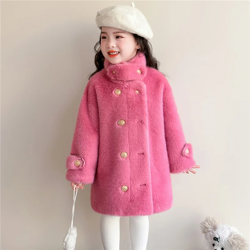 Girls Double Breasted Fur Coat Winter Children Thick Plus Velvet Warm Parka Outerwear Kids Fashion Mid Length Snowsuit Jackets