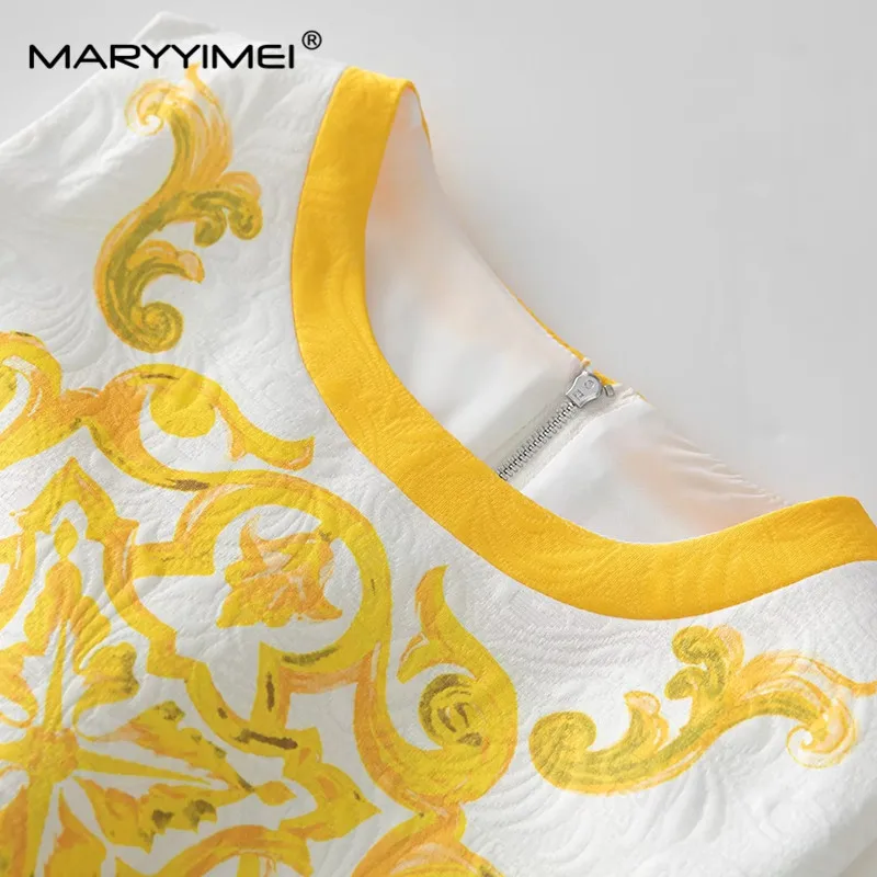 MARYYIMEI Fashion Runway Designer Women Jacquard Round Neck Sleeveless Yellow Printed High Street Elegant Mini Dresses