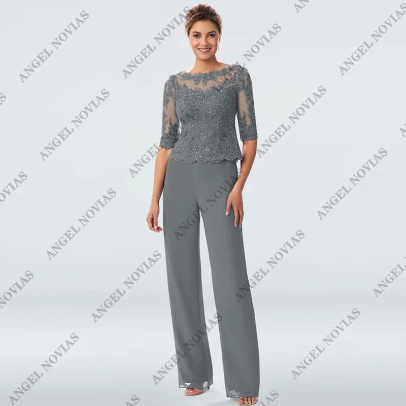 

Customized Long Grey Pantsuit Chiffon Mother of Bride Dresses Two Pieces vestidos de fiestas elegantes mujer