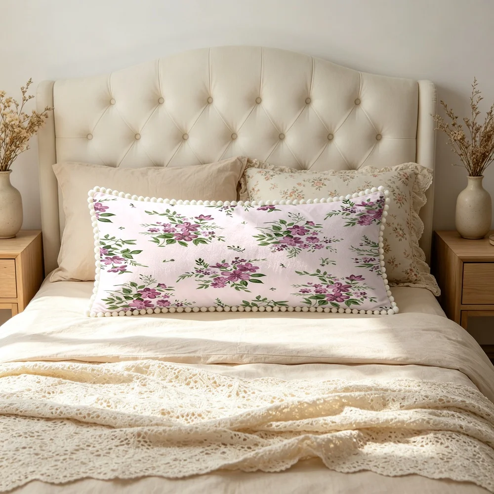 1PC Cream Background with Purple Yellow Large Flowers and Branches, Botanical Natural Vintage Floral Long Pillow Cover with Po