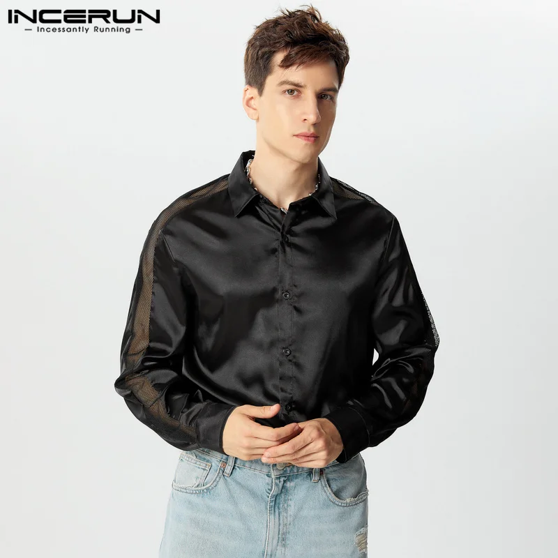 INCERUN Tops 2024 American Style Fashion Men\'s Mesh Hollow Splicing Satin Shirts Casual Party Show Hot Sale Long Sleeved Blouse