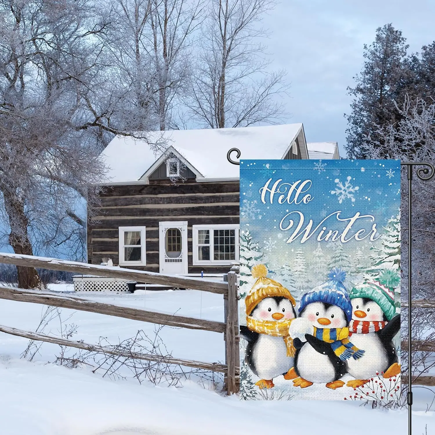 Heyfibro Hello Winter Penguins Garden Flag 12x18 Inch Double Sided Winter Snowflakes Pine Trees Garden Flag Small Yard Flags PPZ