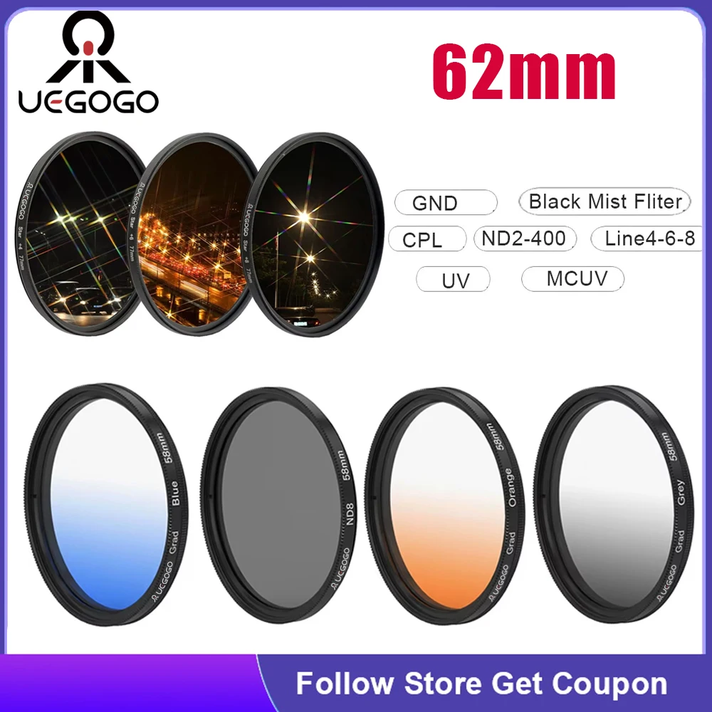 UEGOGO 62mm Filter Gradient GND Red GrEy CPL/UV/MCUV ND2-400/Soft Focus Black Mist Diffusion Star Line 4 6 8 Camera Lens Filter