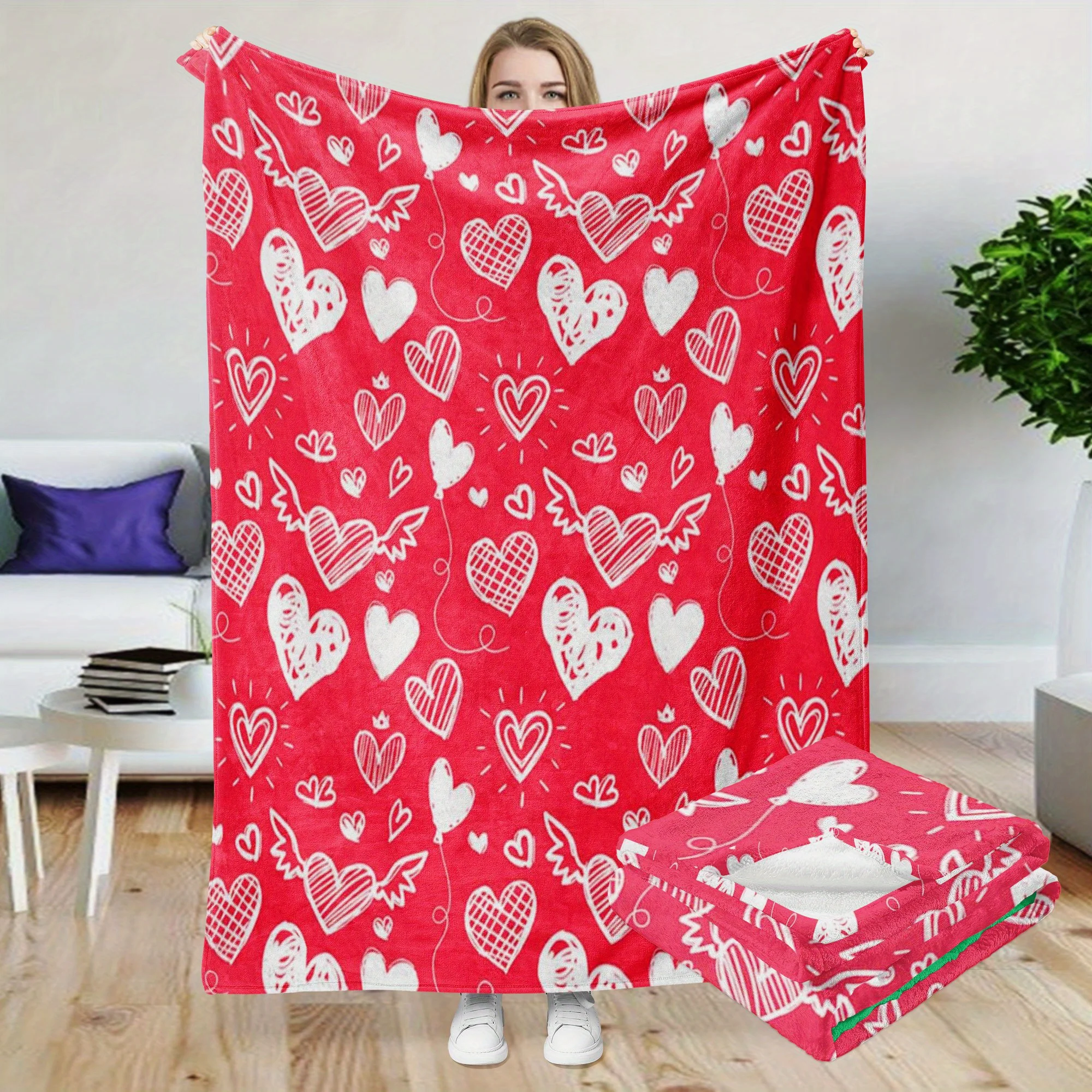 

1pcs Happy Valentine's Day Throw Blanket Red Love Heart Plush Blanket Soft Comfort Flannel Blanket for Party Home Bed