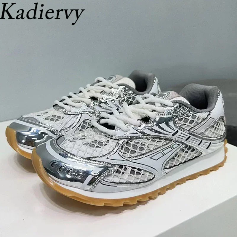 Luxury Sneakers Women Lace Up Round Toe Flat Casual Shoes Patchwork Mesh Hollow Outs Running Shoes Outdoor Sports Shoes Woman