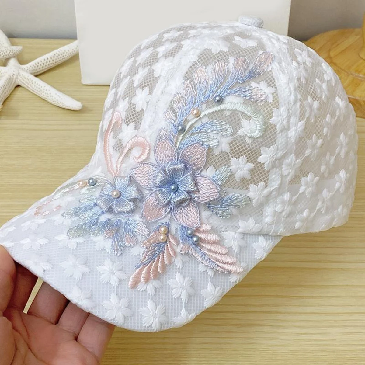 Spitze, aushöhlen, atmungsaktiv, Damen-Baseballmütze, weiße Stickerei, elegante Mütze
