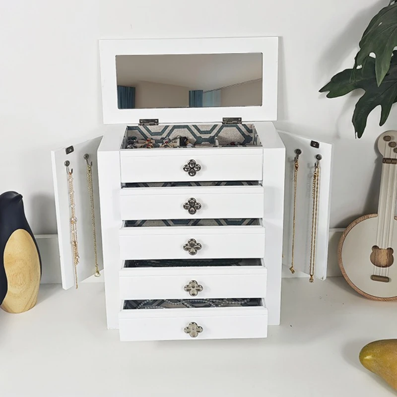 

Wooden Jewelry Box Mirror Wedding Earrings Storage Boxes White Retro Necklaces Bracelet Display Case Organizer Jewellery Gift